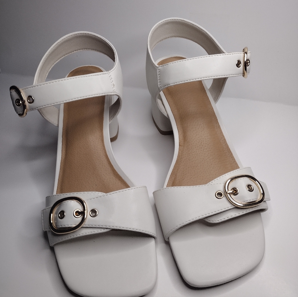 MADDEN NYC White Cream Open Toe Buckle Ankle Strap Heel Sandal Shoes - Picture 2 of 6